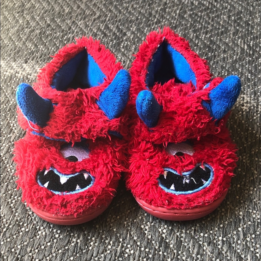 Kids Red Monster Slippers - Cozy Fuzzy Shoes